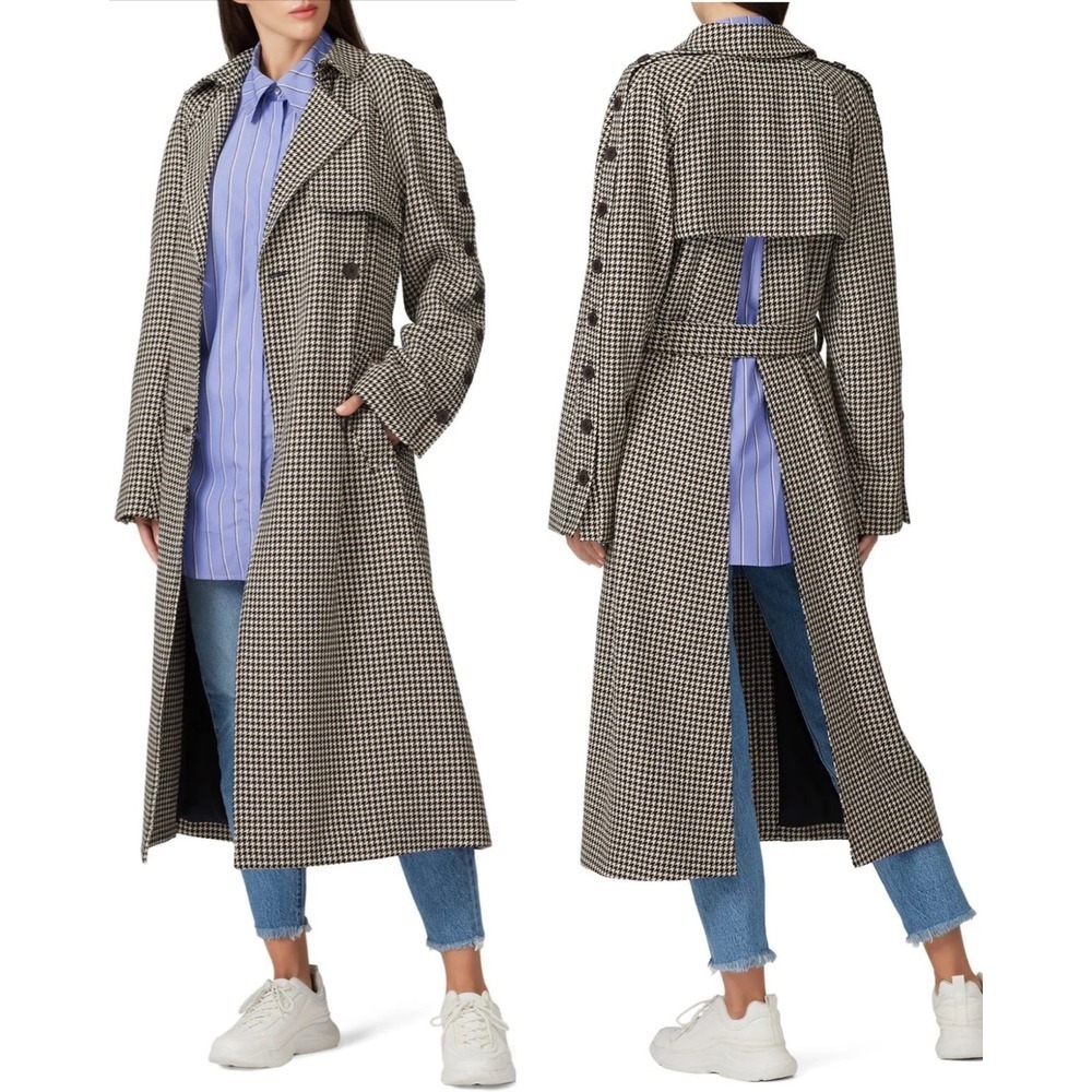 B65 Rokh Houndstooth Longline Trench Coat 10 Double Breasted Belted Open Back